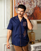 Royal Blue Rust Embroidered Cuban Shirt