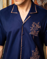 Royal Blue Rust Embroidered Cuban Shirt