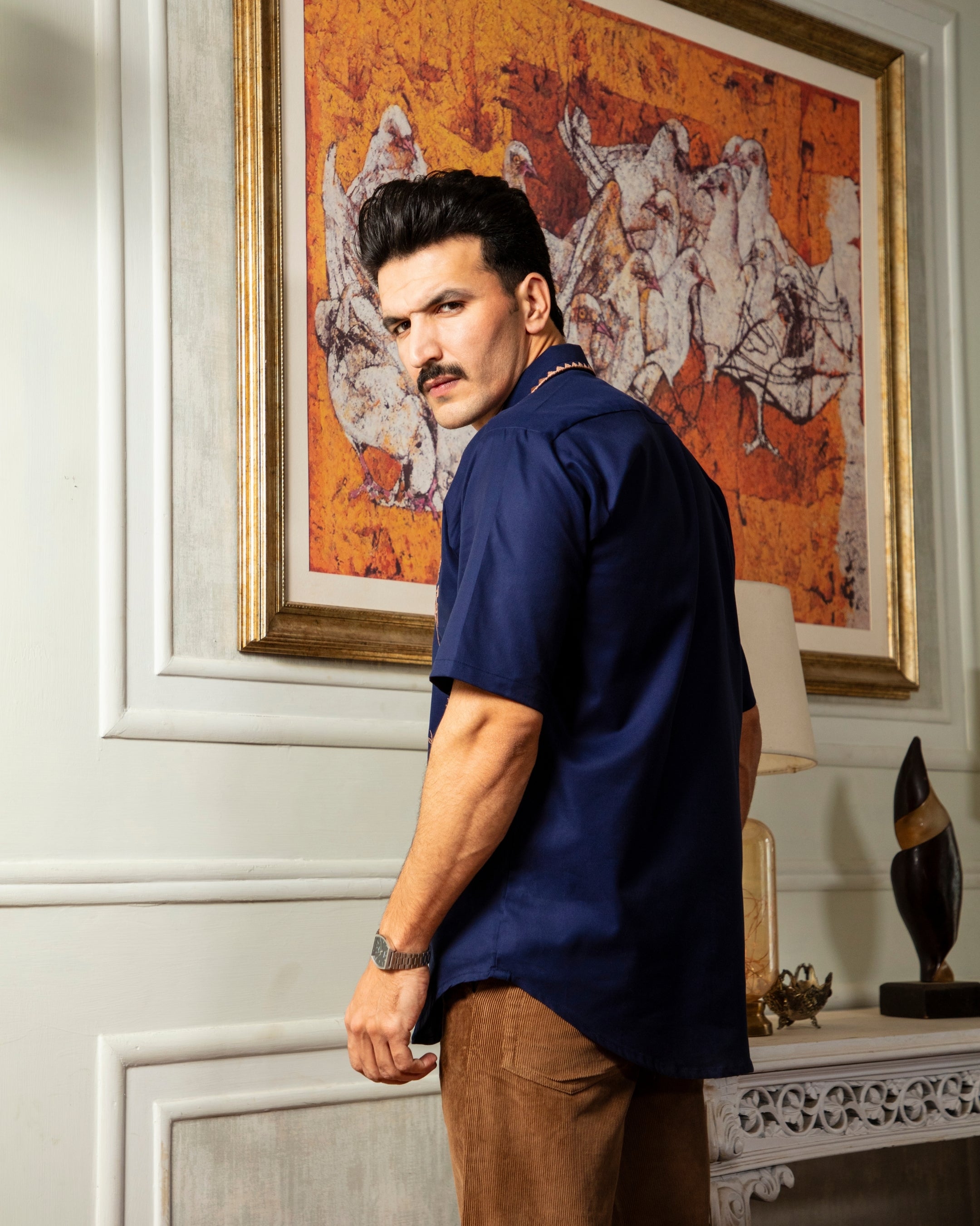 Royal Blue Rust Embroidered Cuban Shirt