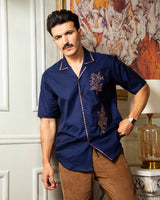 Royal Blue Rust Embroidered Cuban Shirt