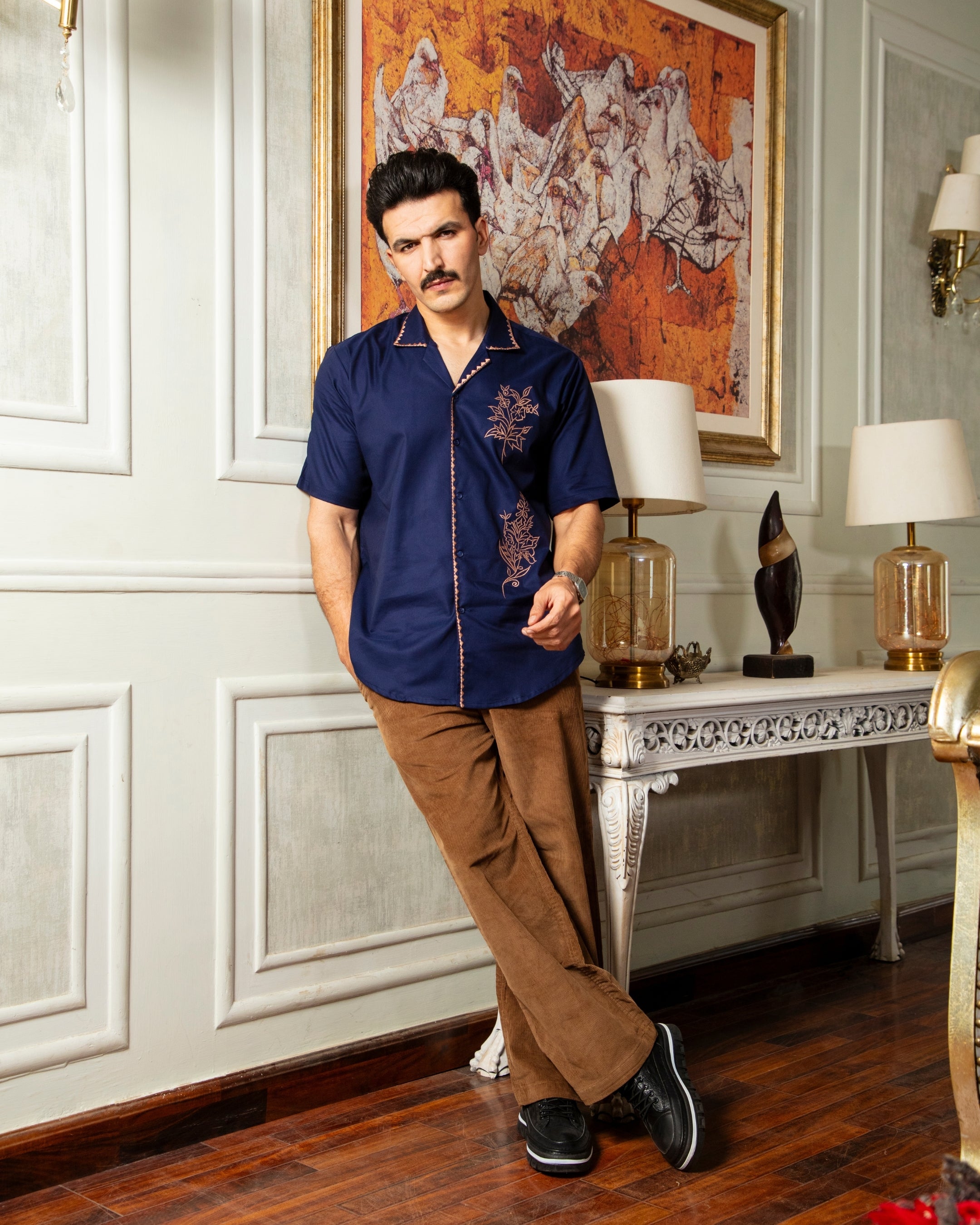 Royal Blue Rust Embroidered Cuban Shirt