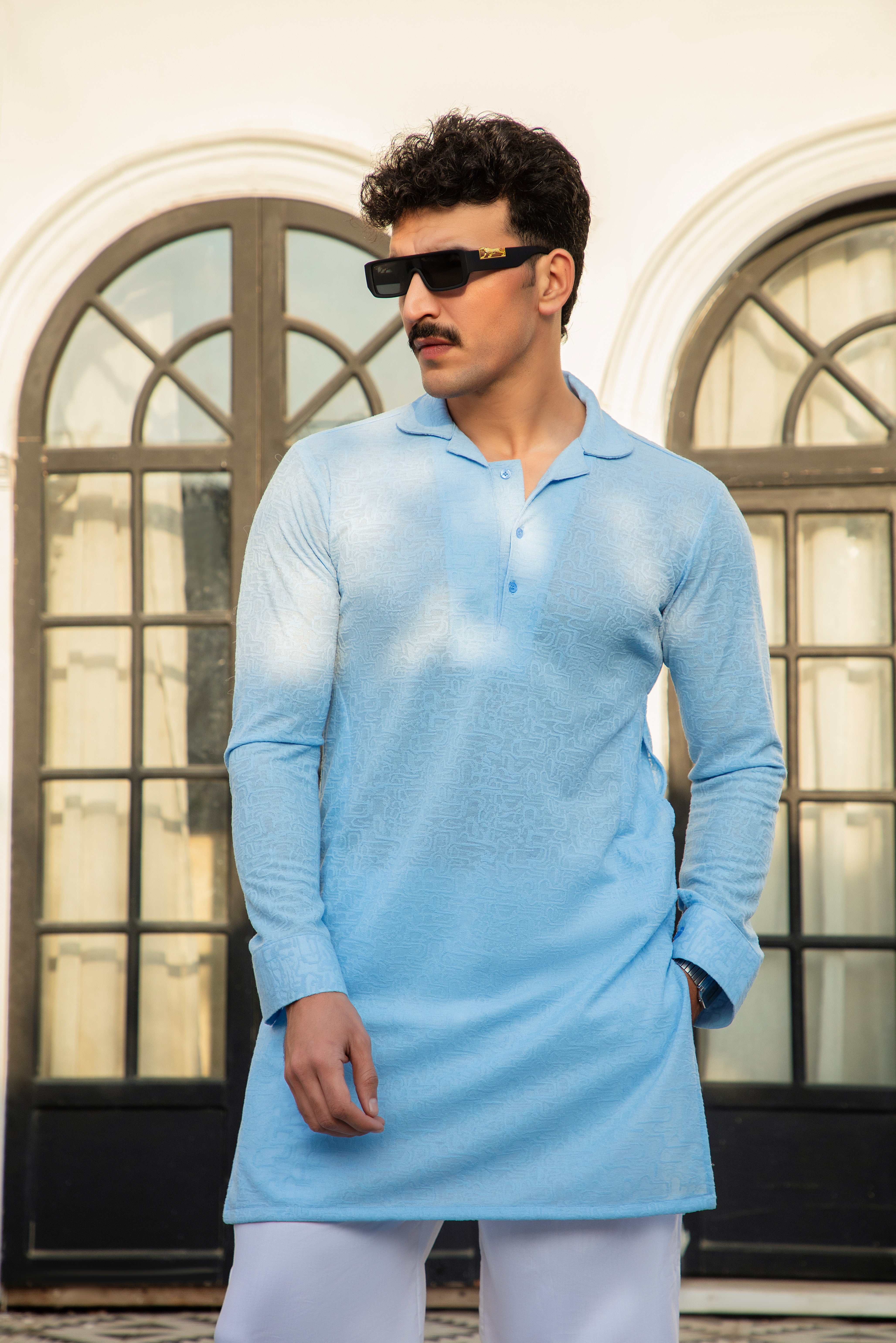 Ice Blue Textured Designer Kurta Pajama (ME-19)