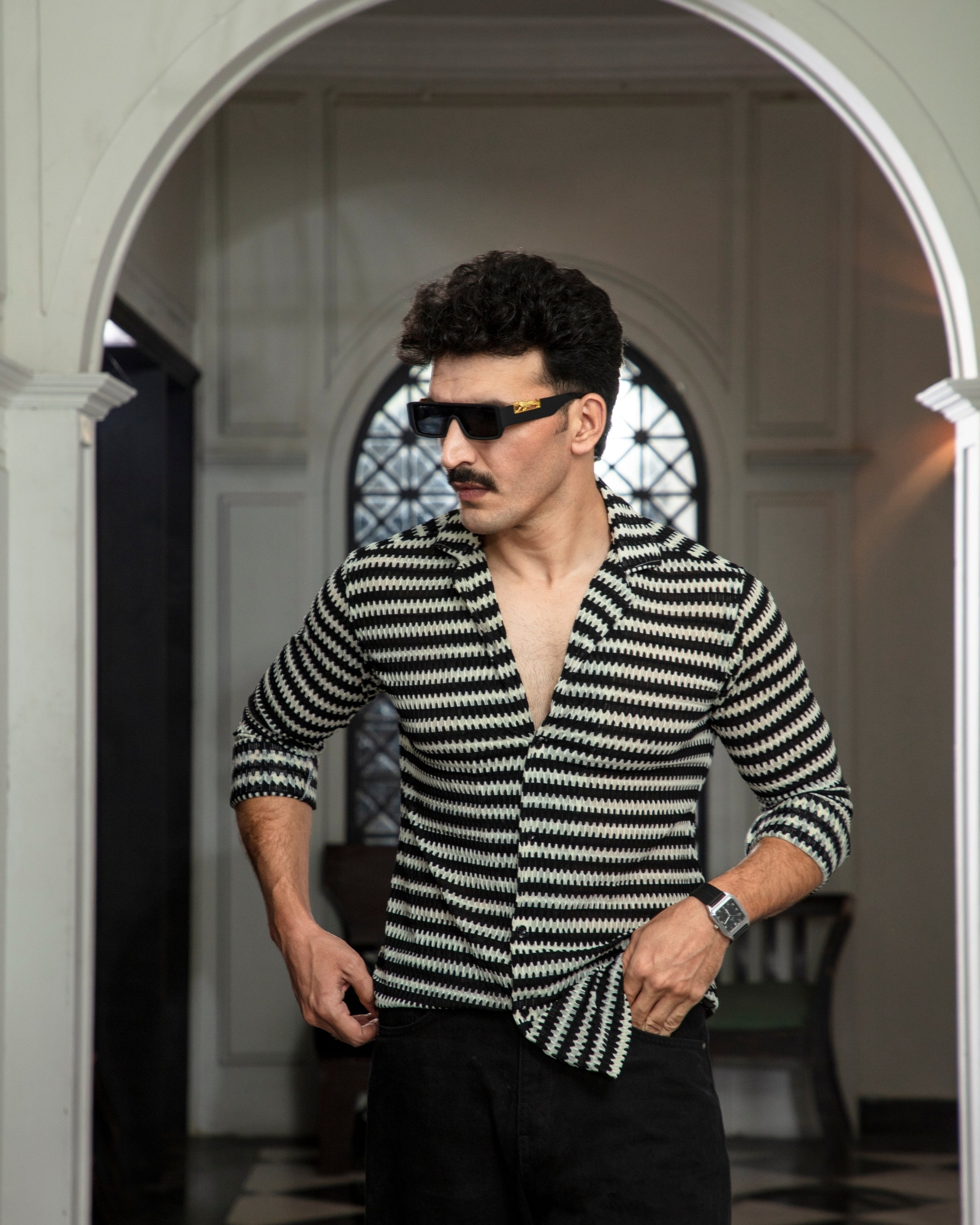 Classic Black & White Stripe Cuban Shirt