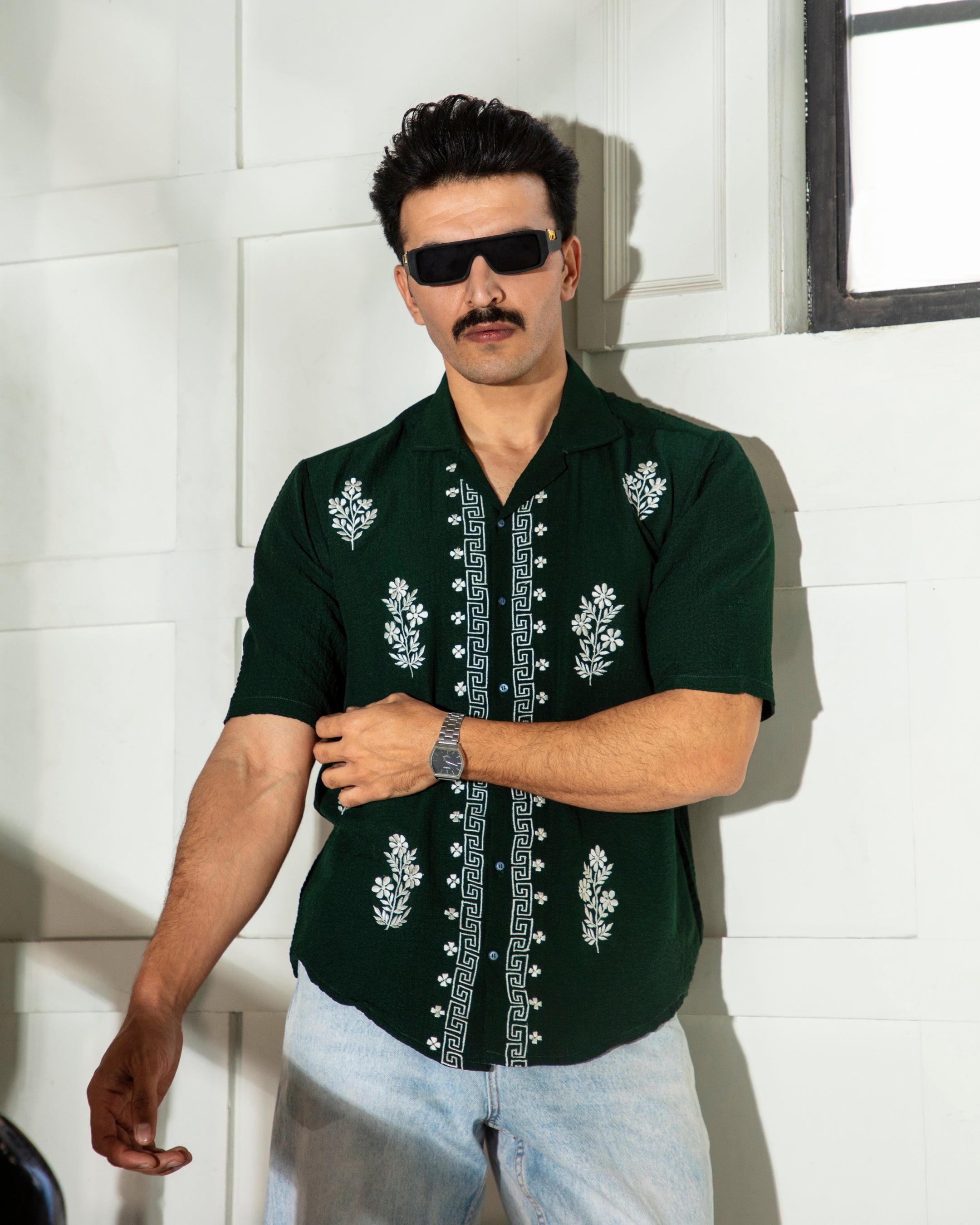 Bottle Green Textured Embroidered Cuban Shirt