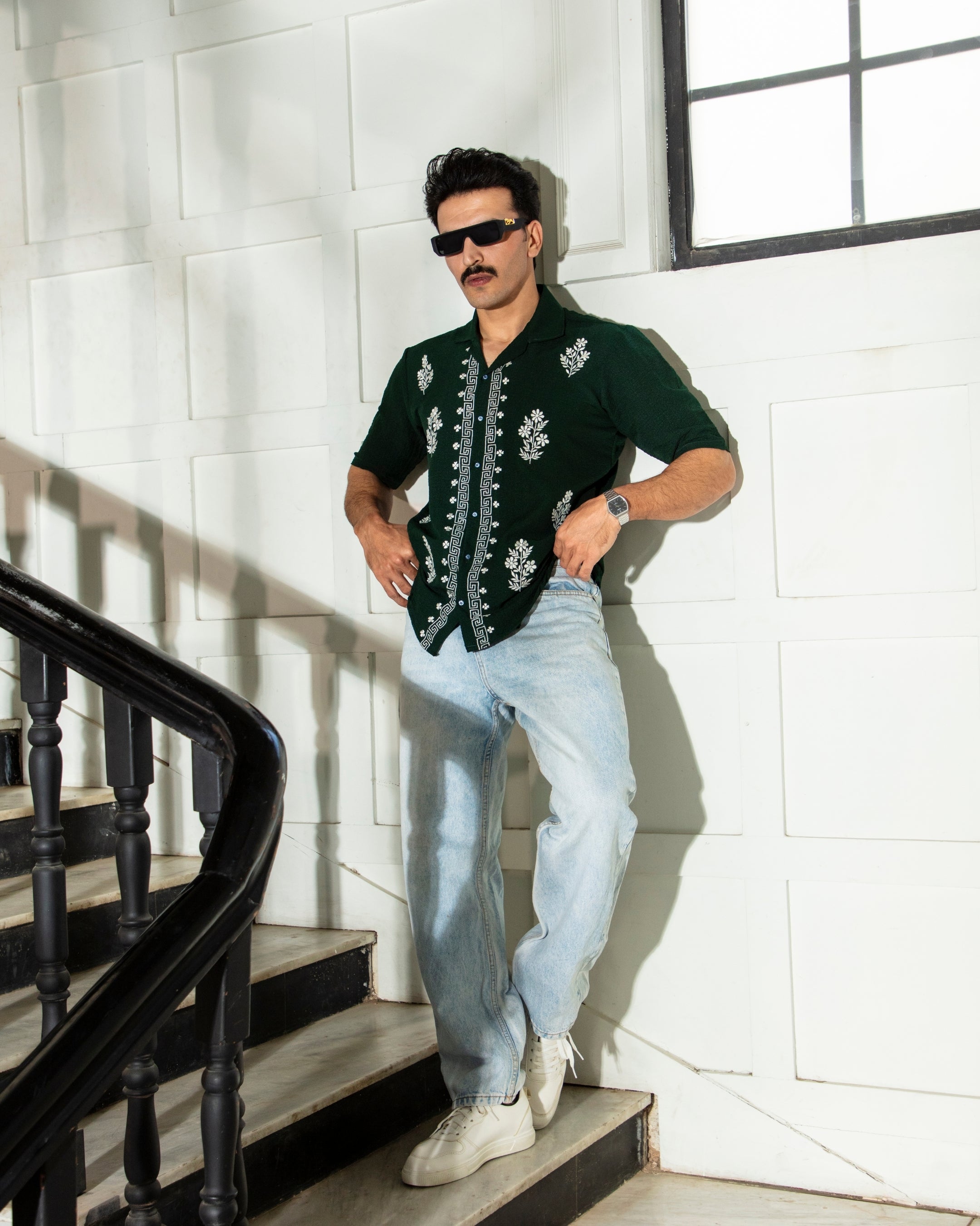 Bottle Green Textured Embroidered Cuban Shirt