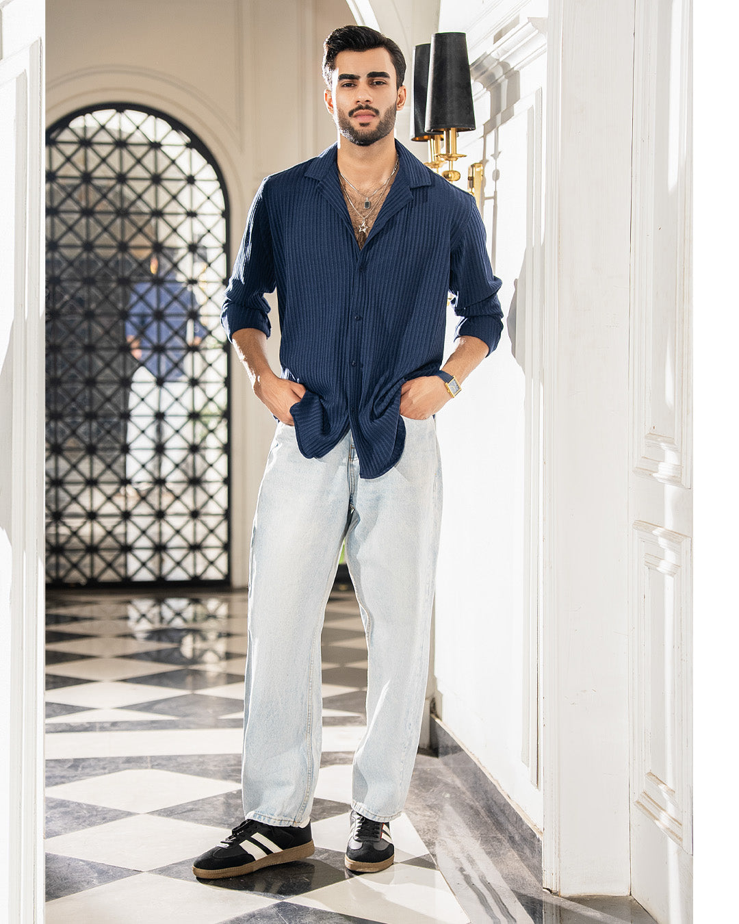 Navy Blue Textured Cuban Shirt