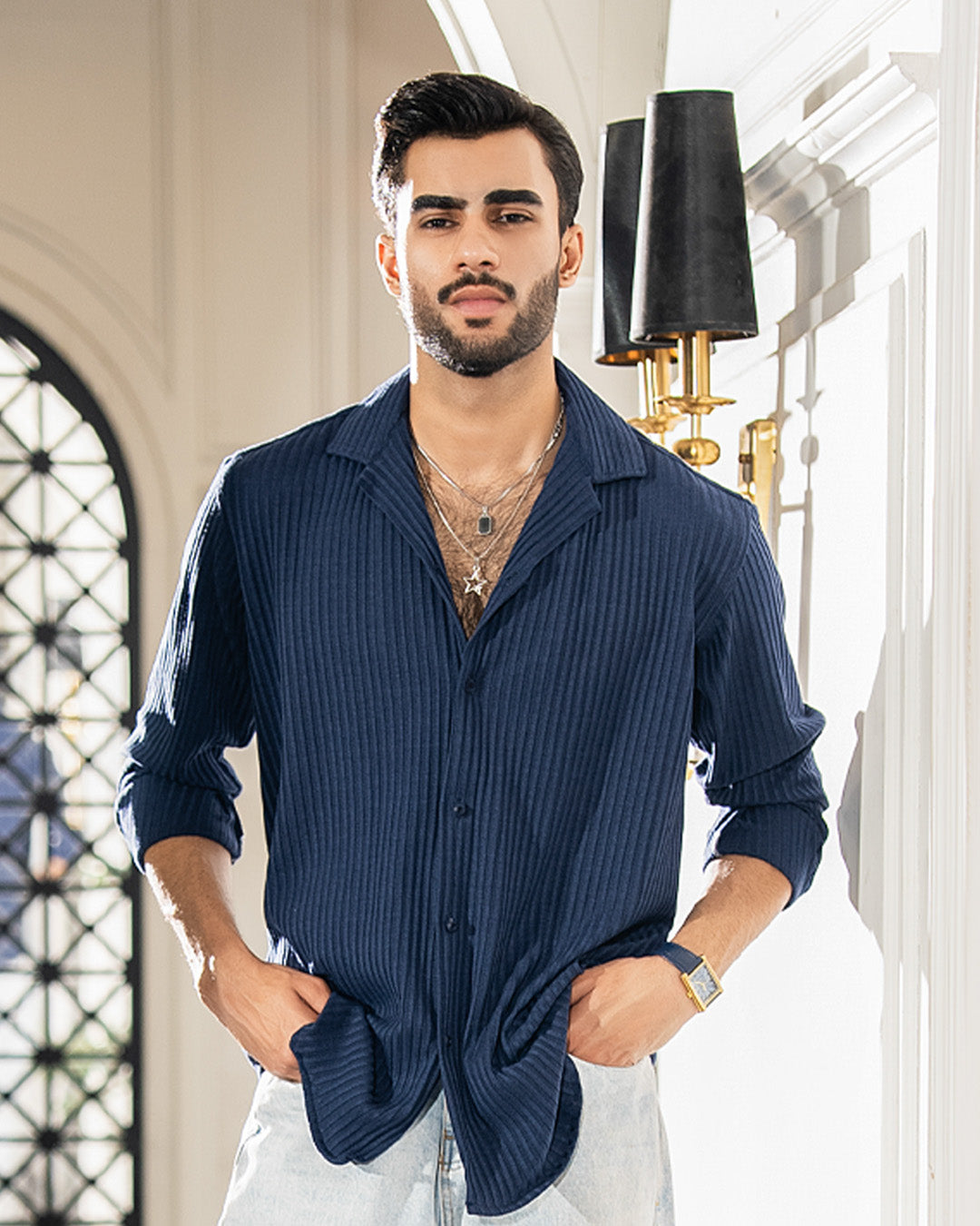 Navy Blue Textured Cuban Shirt